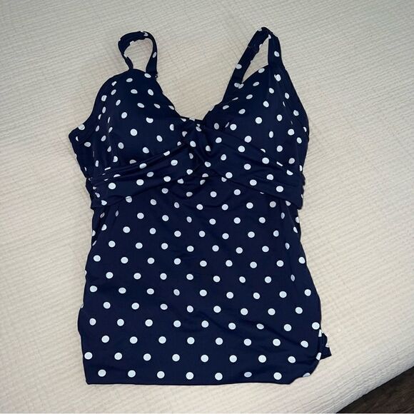 Lands End Navy w White polka dots 16W DD underwire Crossover V neck Tankini Top - Picture 1 of 10